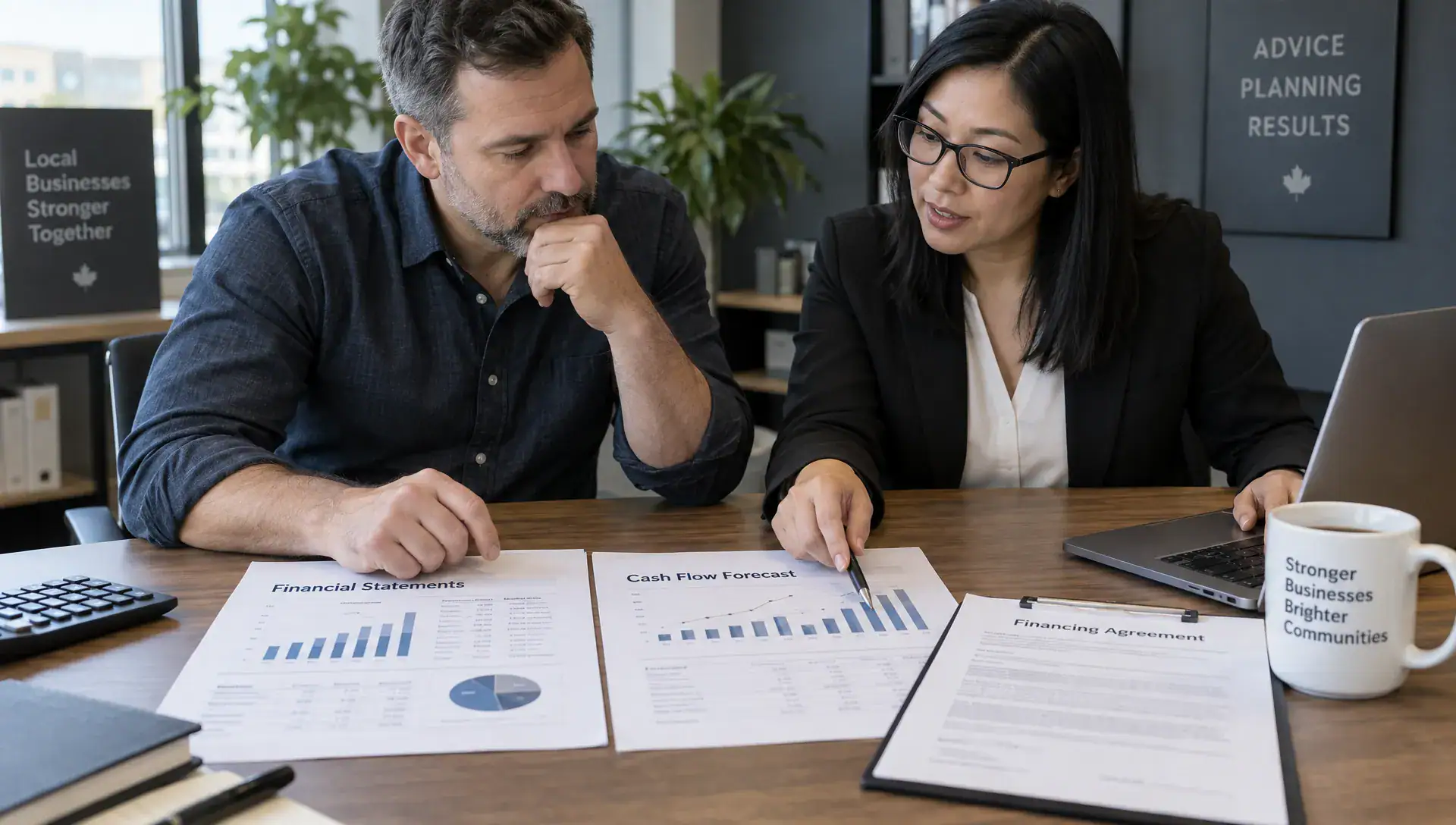 A business owner and accountant compare printed financial statements, a cash flow forecast and a financing agreement during an advisory meeting.