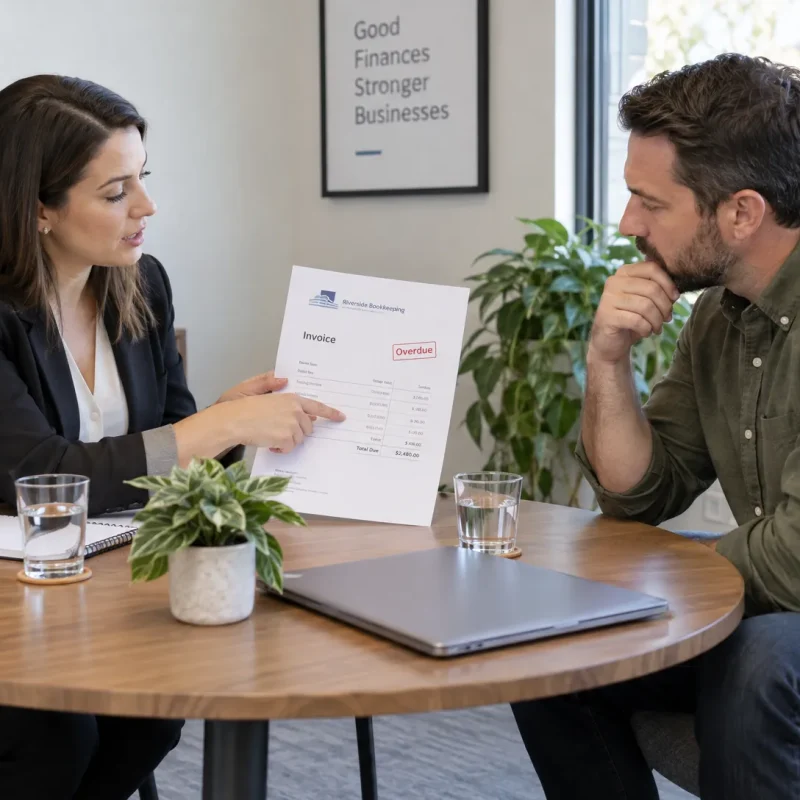 A business owner and bookkeeper discuss a late invoice at a meeting table, checking its details before deciding on follow-up.