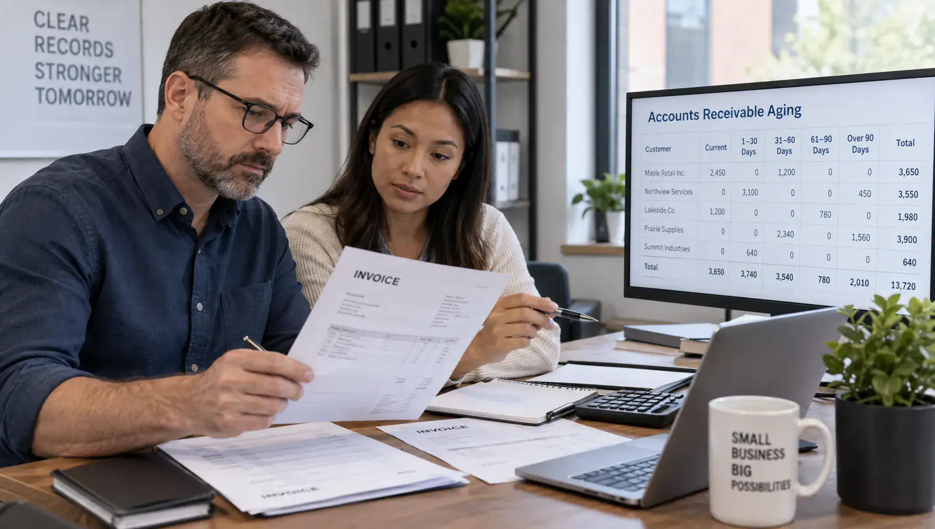 A business owner and bookkeeper review printed invoices beside an accounts receivable aging report at their office desk before following up on unpaid balances.