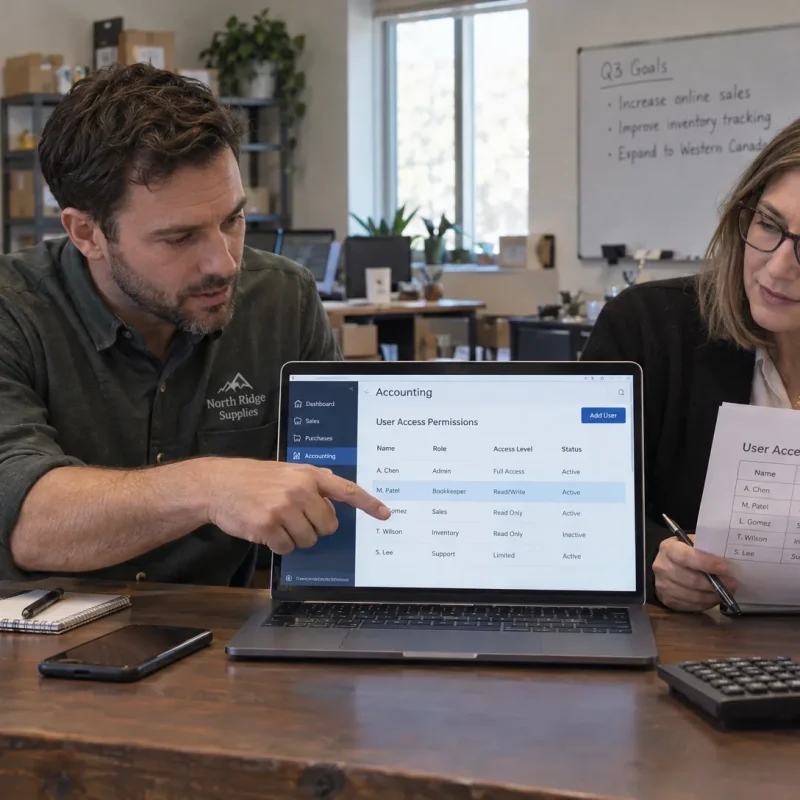 A business owner and bookkeeper review user permissions and an access register for accounting records.