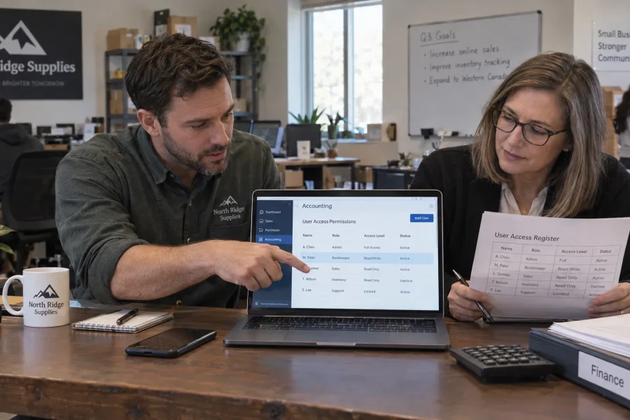 A business owner and bookkeeper review user permissions and an access register for accounting records.