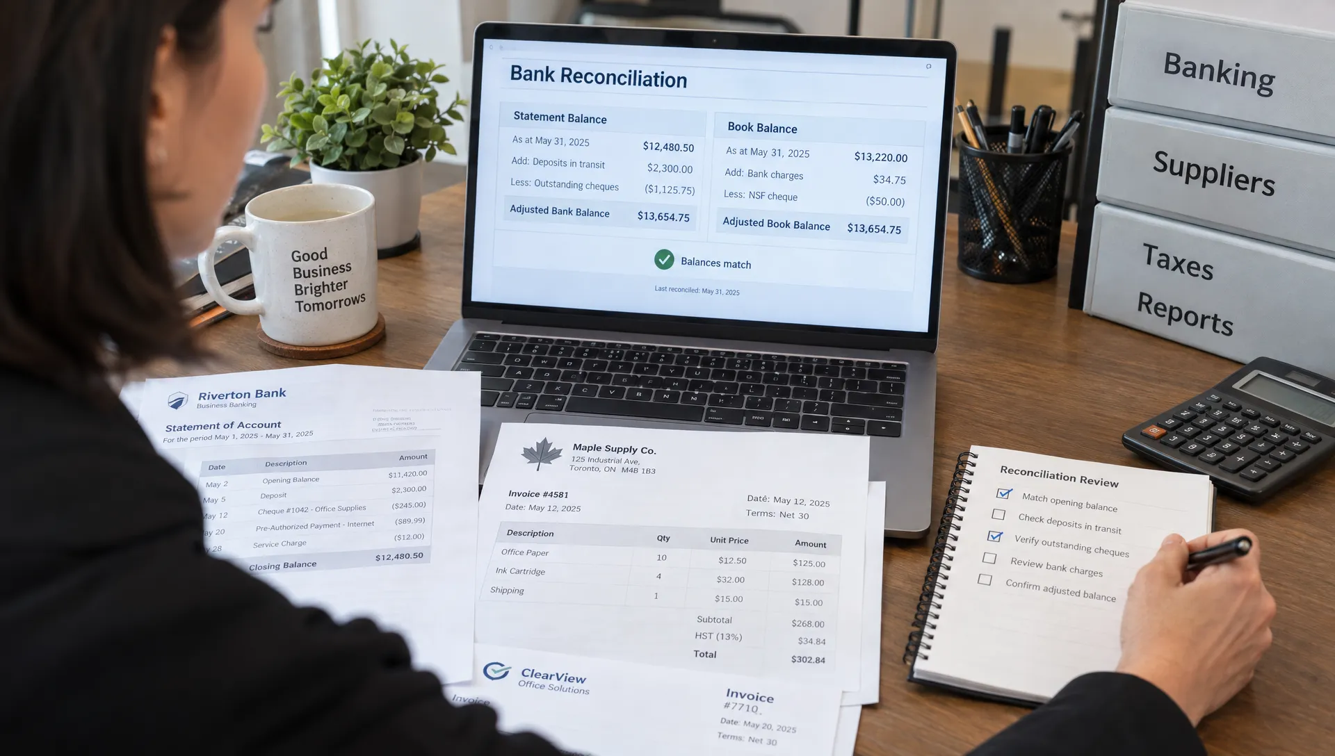 A business owner checks a bookkeeping reconciliation report against a bank statement and supplier invoices.