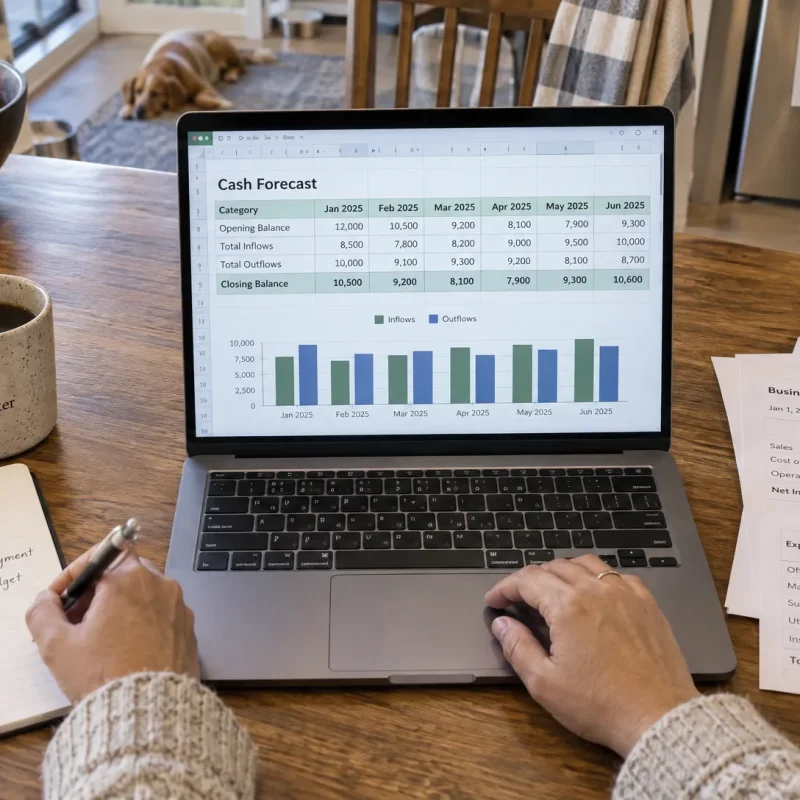 A business owner reviews a cash forecast and printed statements at home while considering a financial decision.