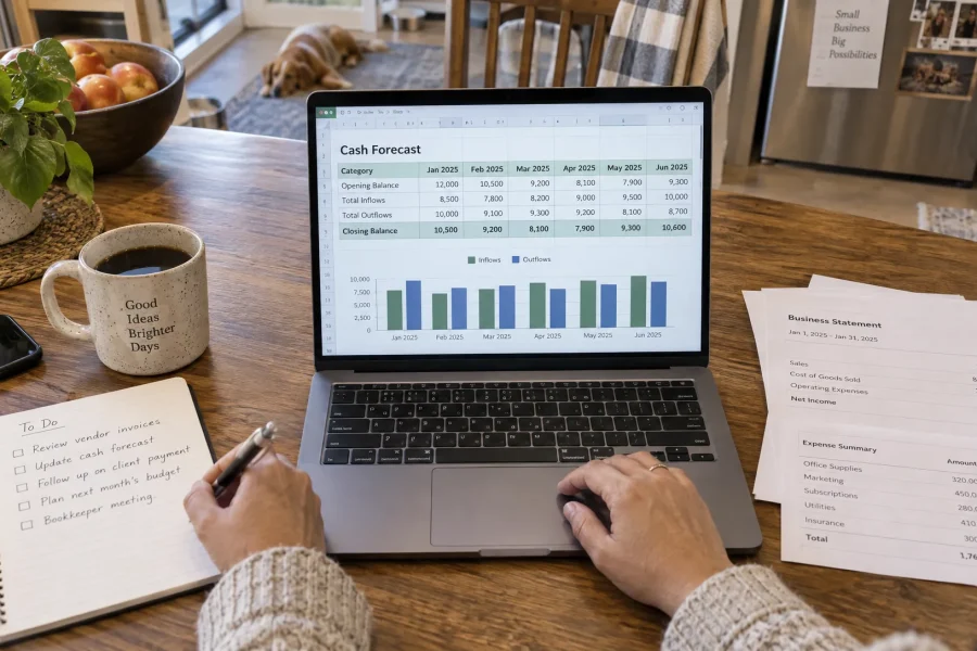A business owner reviews a cash forecast and printed statements at home while considering a financial decision.