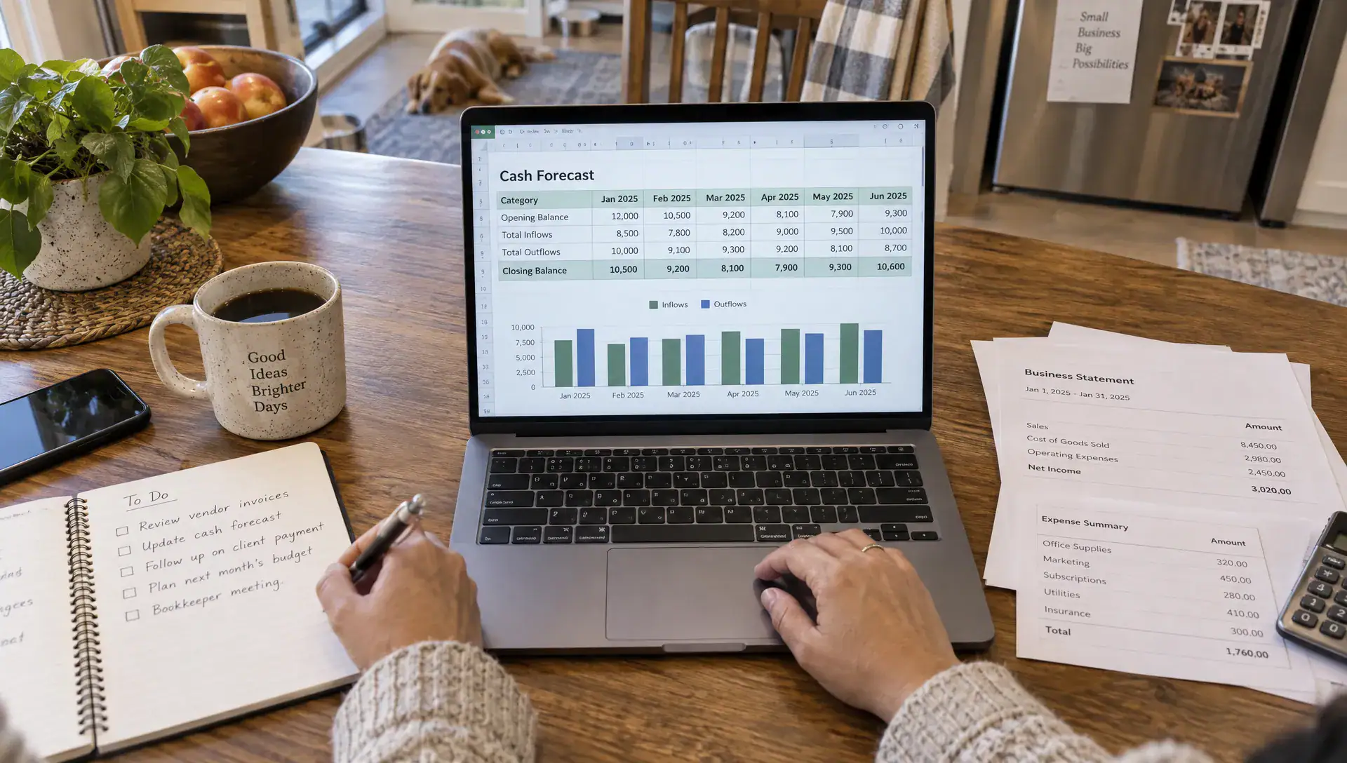 A business owner reviews a cash forecast and printed statements at home while considering a financial decision.
