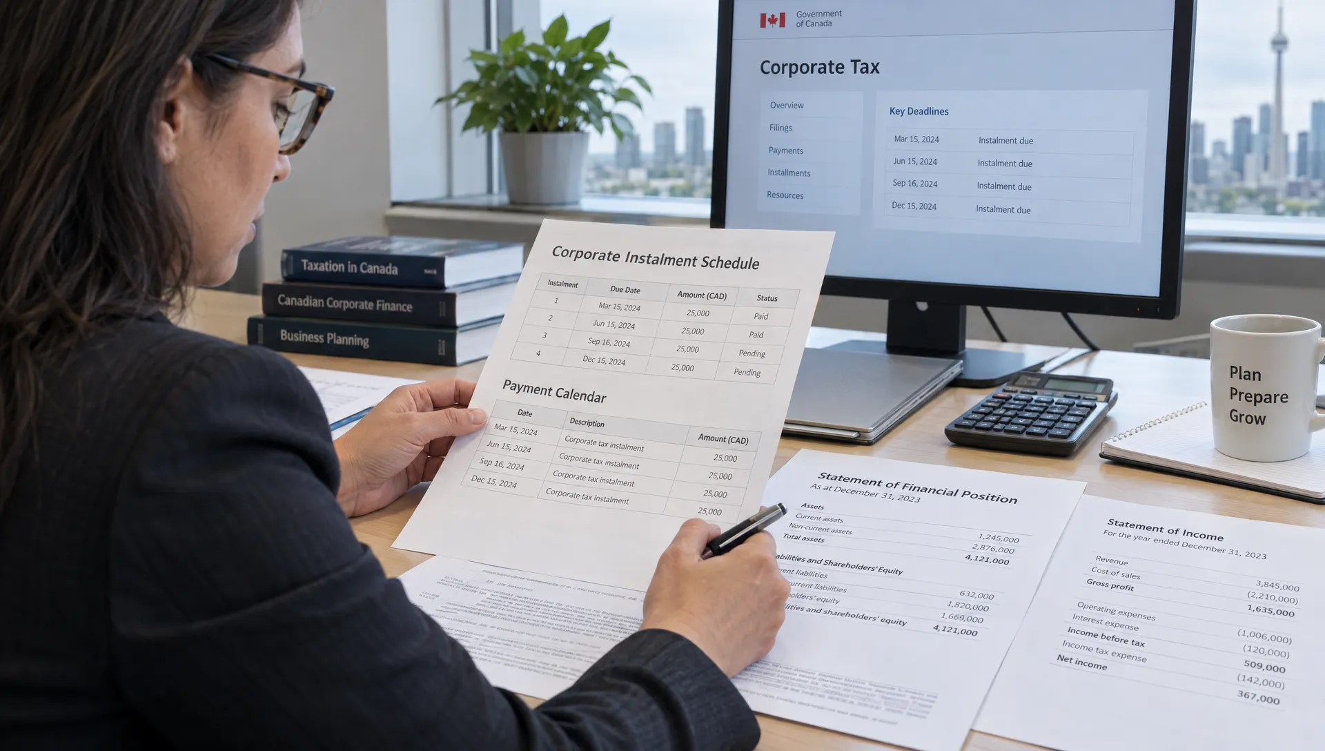 A business tax planner checks a printed corporate instalment schedule and payment calendar beside financial statements at an office workstation.