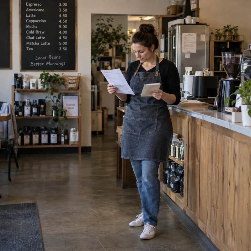 A café owner reviews a delivery invoice and weekly sales notes at the counter to understand changing business costs.