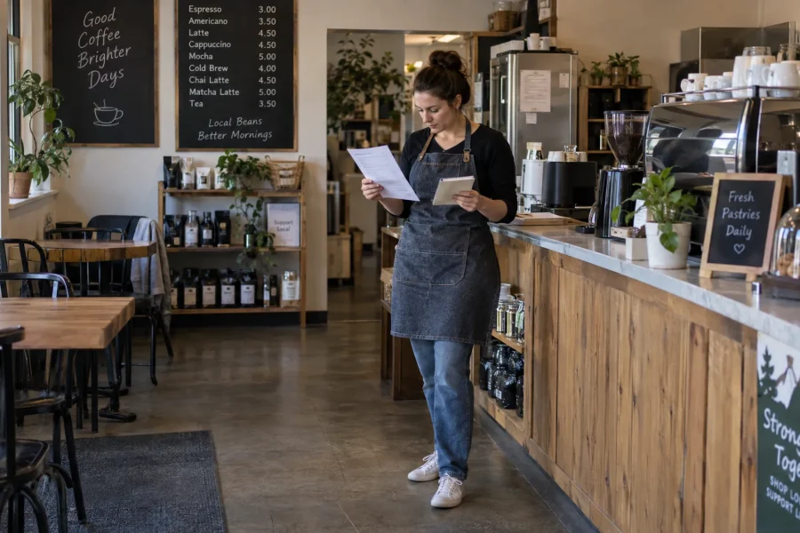 A café owner reviews a delivery invoice and weekly sales notes at the counter to understand changing business costs.