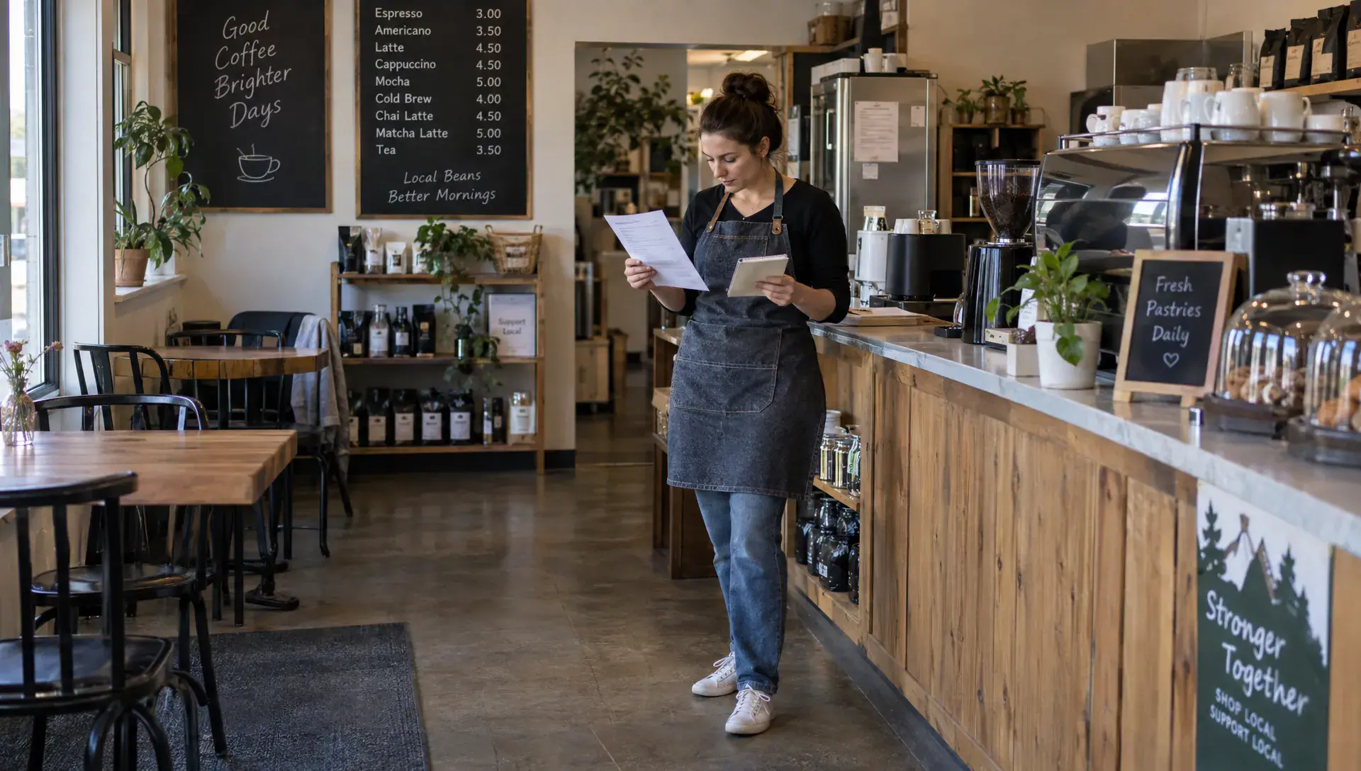 A café owner reviews a delivery invoice and weekly sales notes at the counter to understand changing business costs.