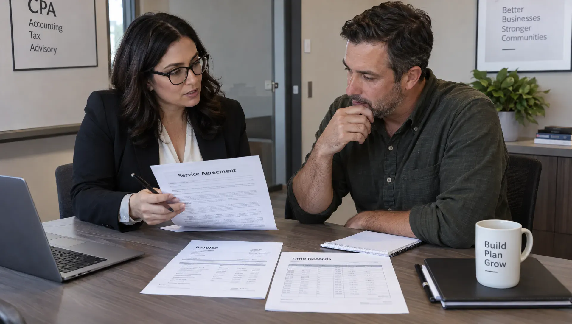 A CPA and business owner review a service agreement, invoices and time records together in a small office meeting room.