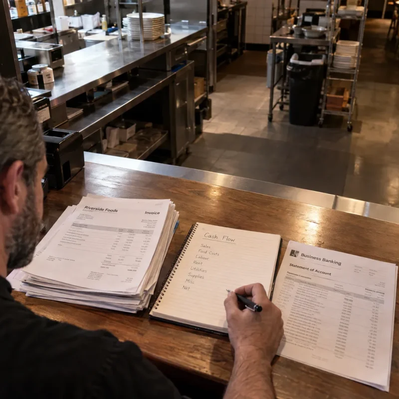 A restaurant owner checks a corporate tax payment reminder beside cash-flow notes and supplier invoices after closing.