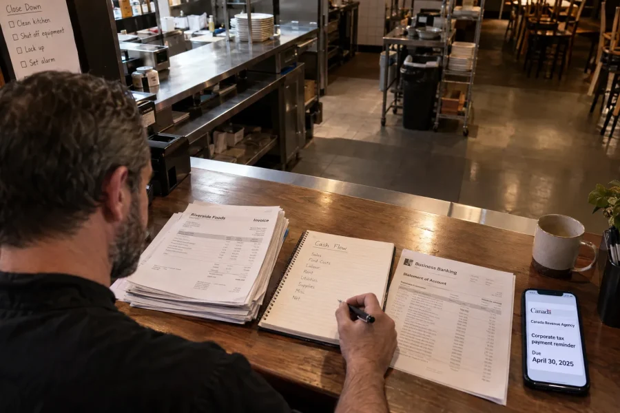 A restaurant owner checks a corporate tax payment reminder beside cash-flow notes and supplier invoices after closing.