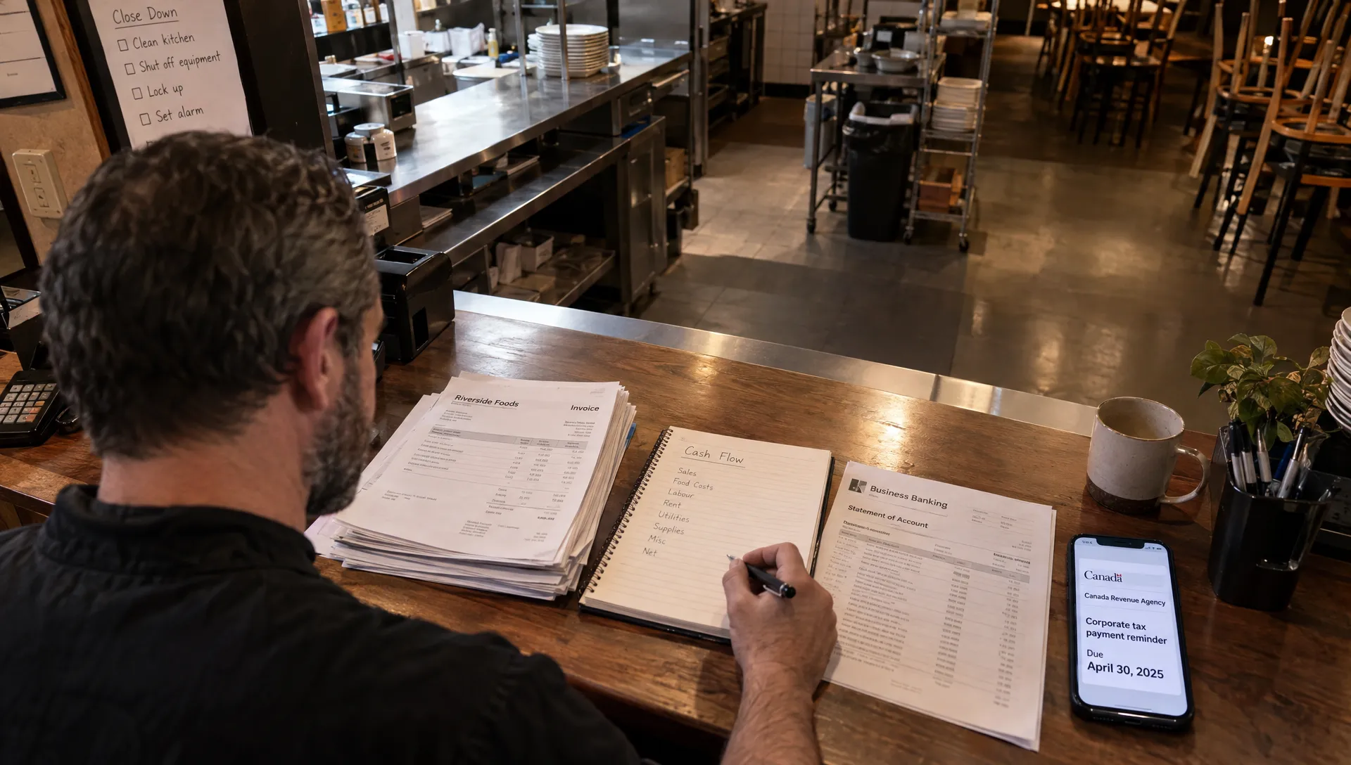 A restaurant owner checks a corporate tax payment reminder beside cash-flow notes and supplier invoices after closing.