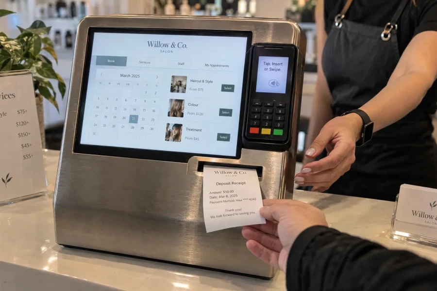 A salon deposit receipt emerges from a booking terminal as a stylist reaches across the counter, showing a payment recorded before the service.