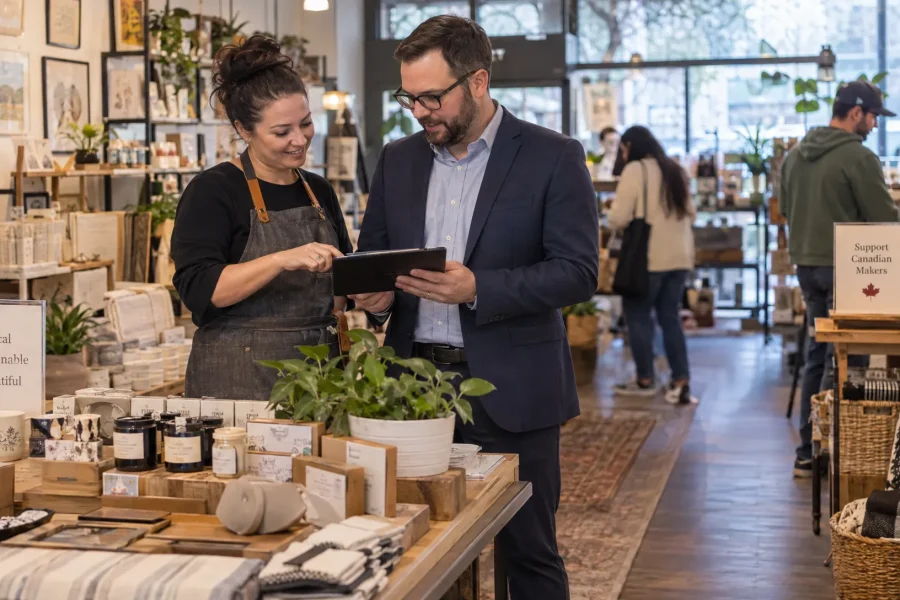 A shop owner and tax adviser review an out-of-province order beside merchandise to assess its GST/HST treatment.