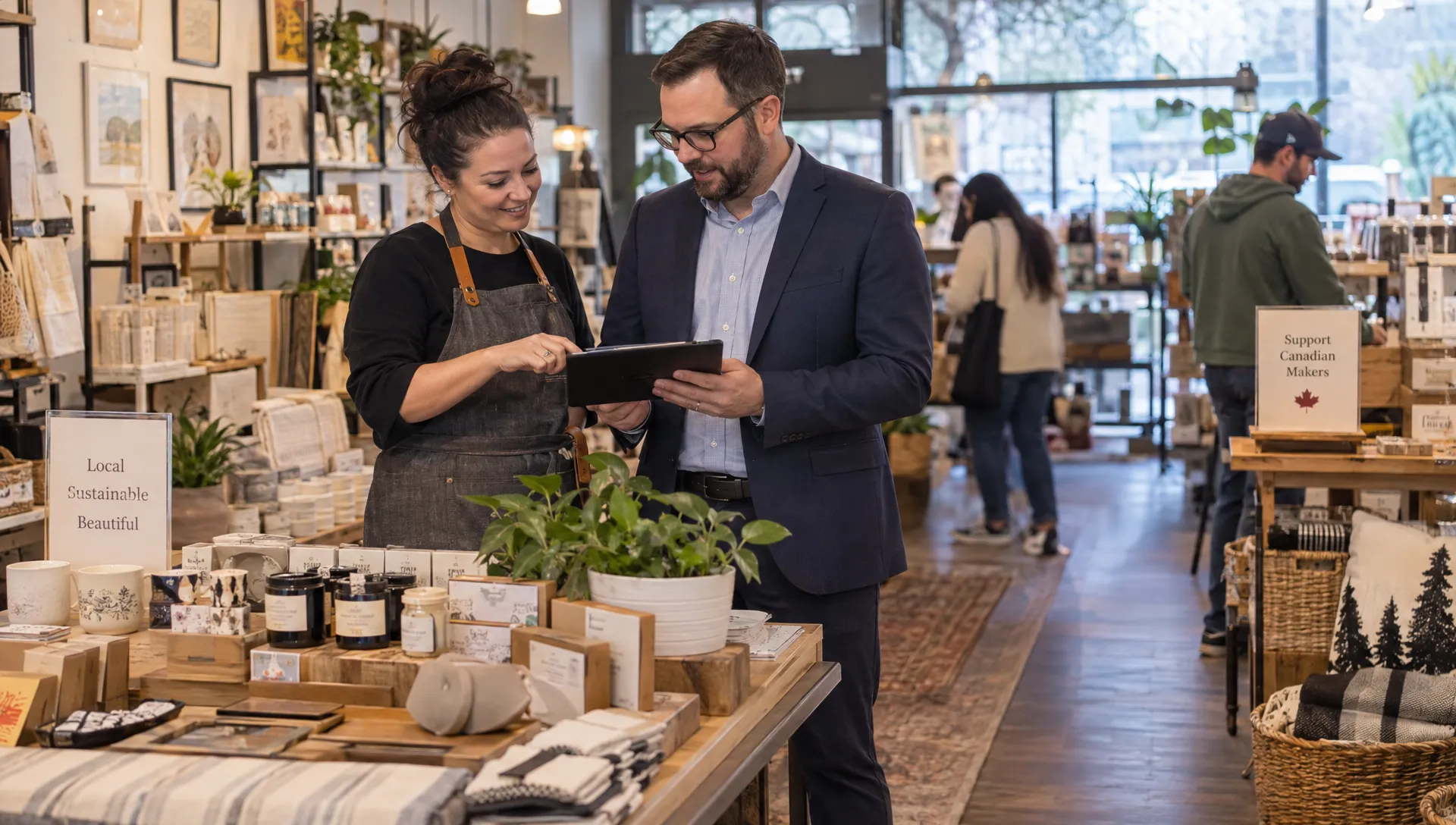 A shop owner and tax adviser review an out-of-province order beside merchandise to assess its GST/HST treatment.