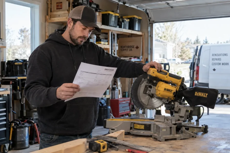 A small business owner checks equipment purchase records while organising year-end accounts at home.