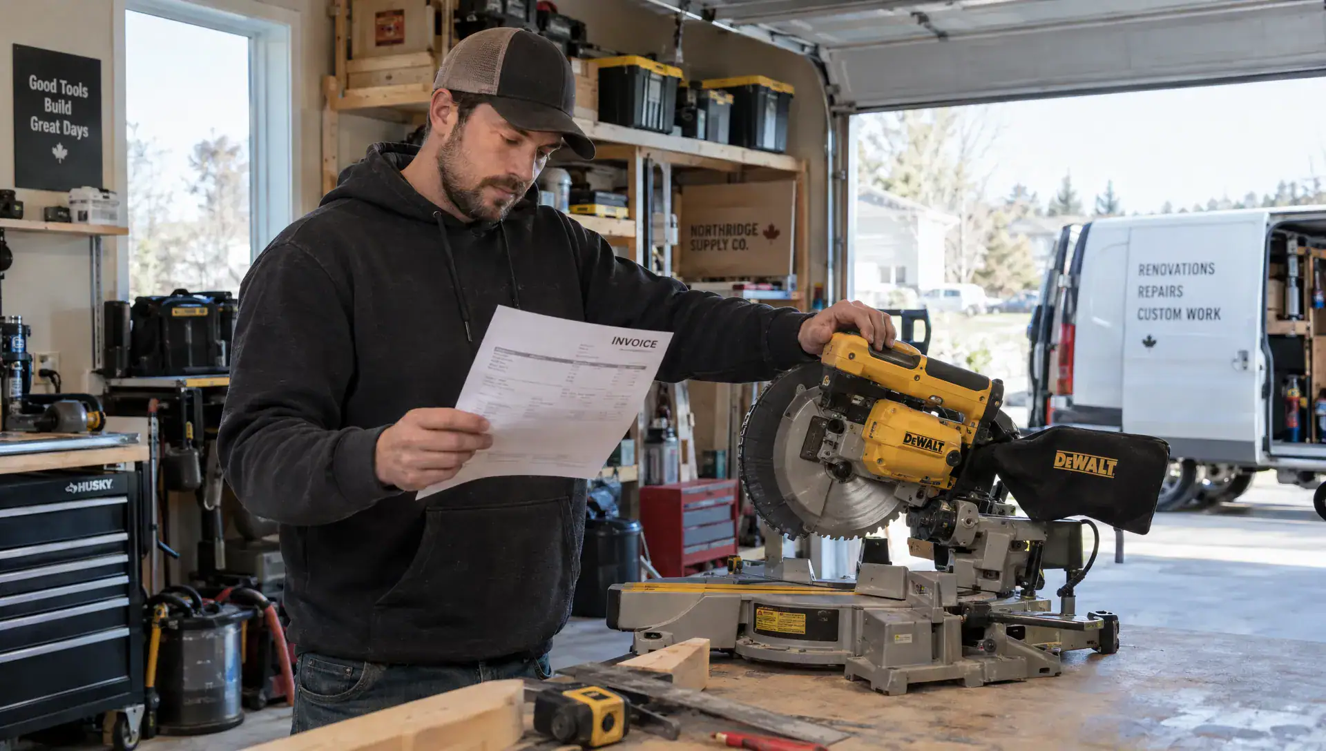 A small business owner checks equipment purchase records while organising year-end accounts at home.