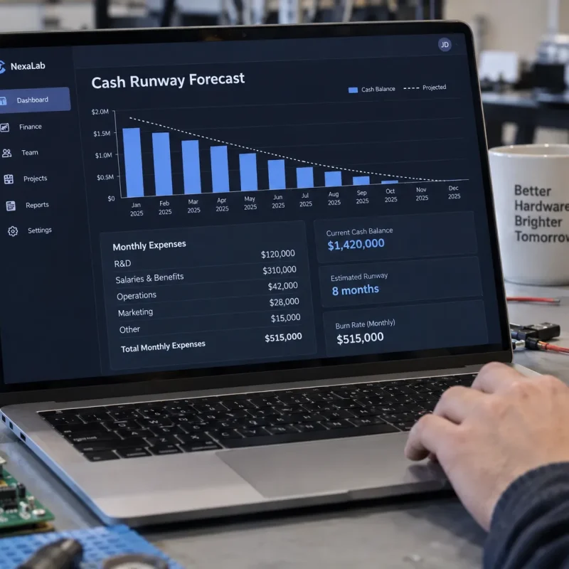 A software startup’s cash runway forecast sits open on a laptop beside development tools, connecting financial planning with the work of building a product.