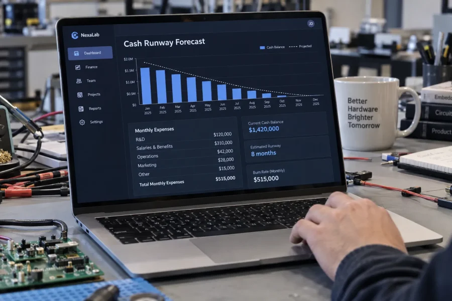 A software startup’s cash runway forecast sits open on a laptop beside development tools, connecting financial planning with the work of building a product.