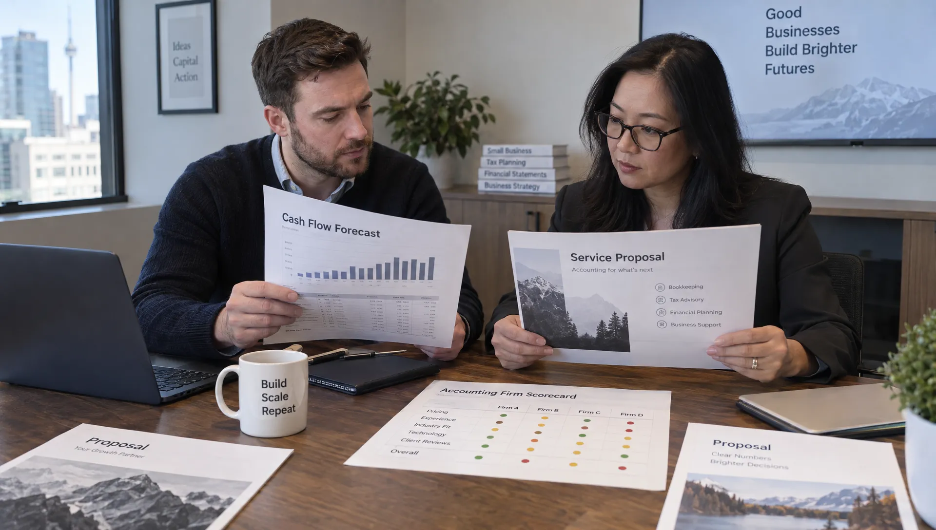 A startup founder and accountant compare printed cash-flow forecasts, service proposals and a scorecard at a meeting table while evaluating firms for the company.