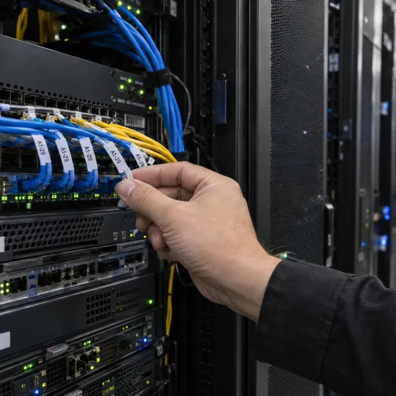A technician checks network cabling beside server racks, showing the infrastructure costs behind a subscription business.
