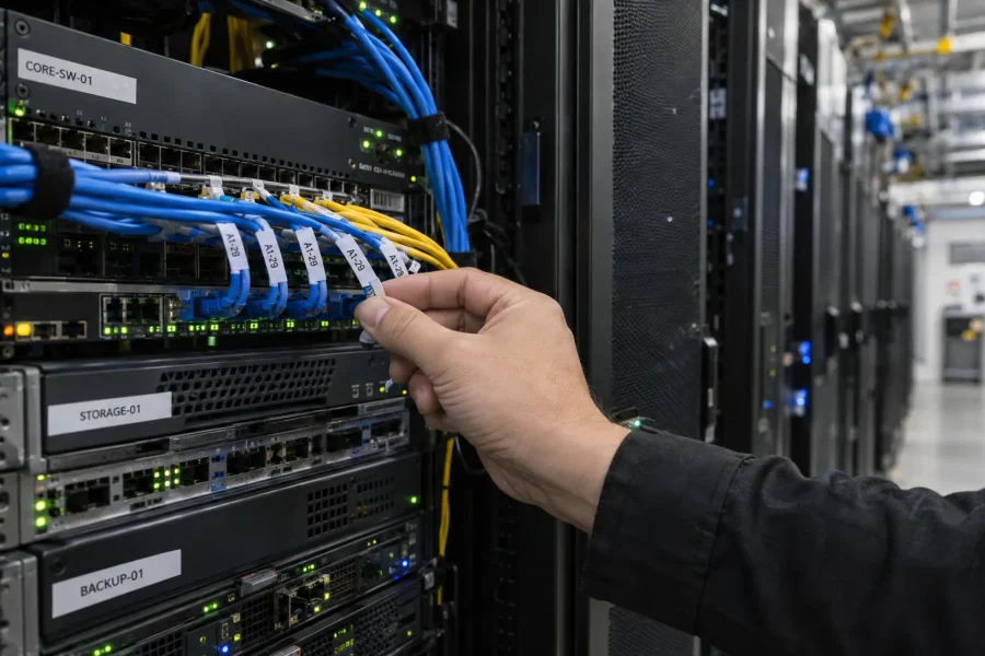 A technician checks network cabling beside server racks, showing the infrastructure costs behind a subscription business.