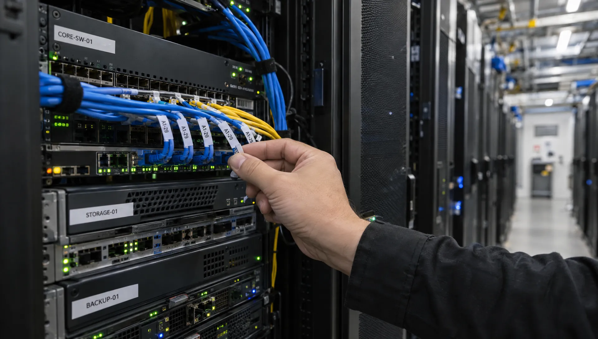 A technician checks network cabling beside server racks, showing the infrastructure costs behind a subscription business.