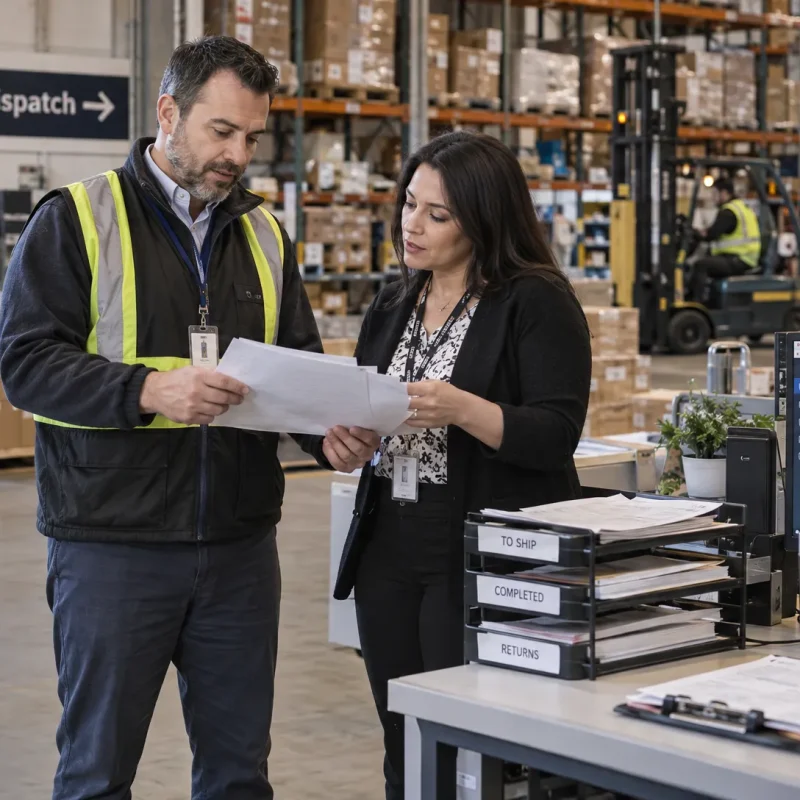 A warehouse supervisor and accounts receivable colleague review job paperwork together as they discuss a team learning point from a CPA newsletter.