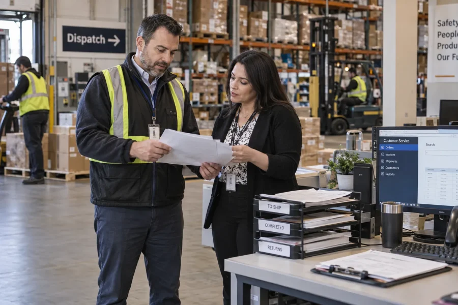 A warehouse supervisor and accounts receivable colleague review job paperwork together as they discuss a team learning point from a CPA newsletter.