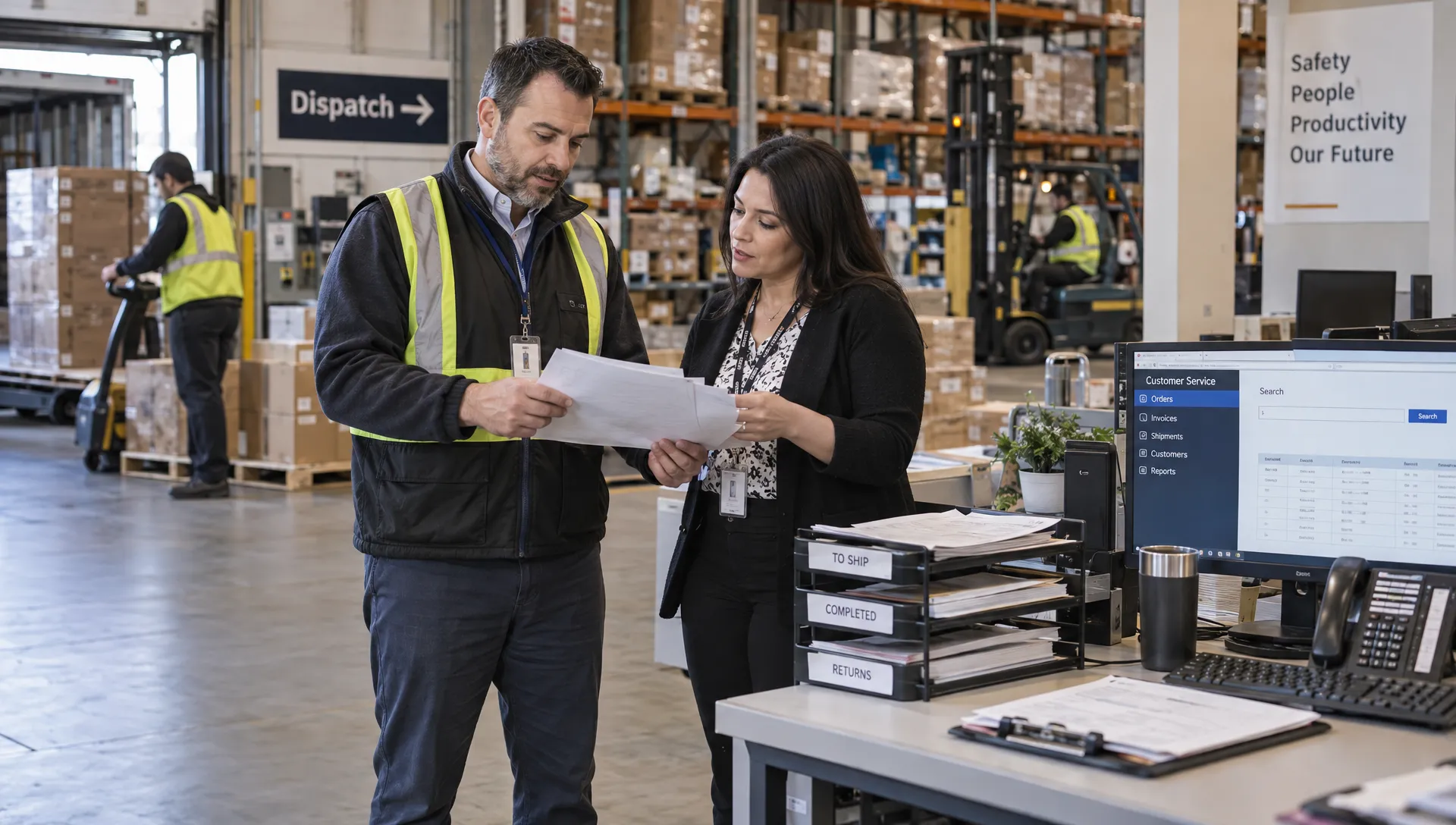 A warehouse supervisor and accounts receivable colleague review job paperwork together as they discuss a team learning point from a CPA newsletter.