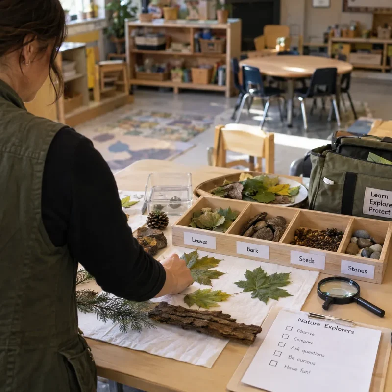 A workshop provider arranges nature-study materials for a childcare session, preparing a defined service with their own teaching kit.