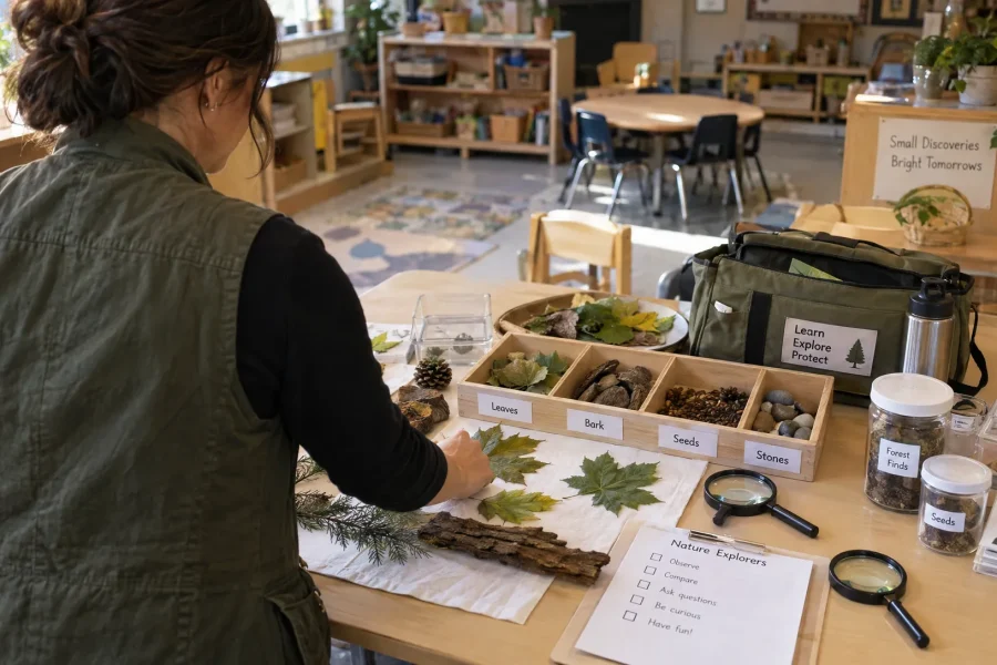 A workshop provider arranges nature-study materials for a childcare session, preparing a defined service with their own teaching kit.