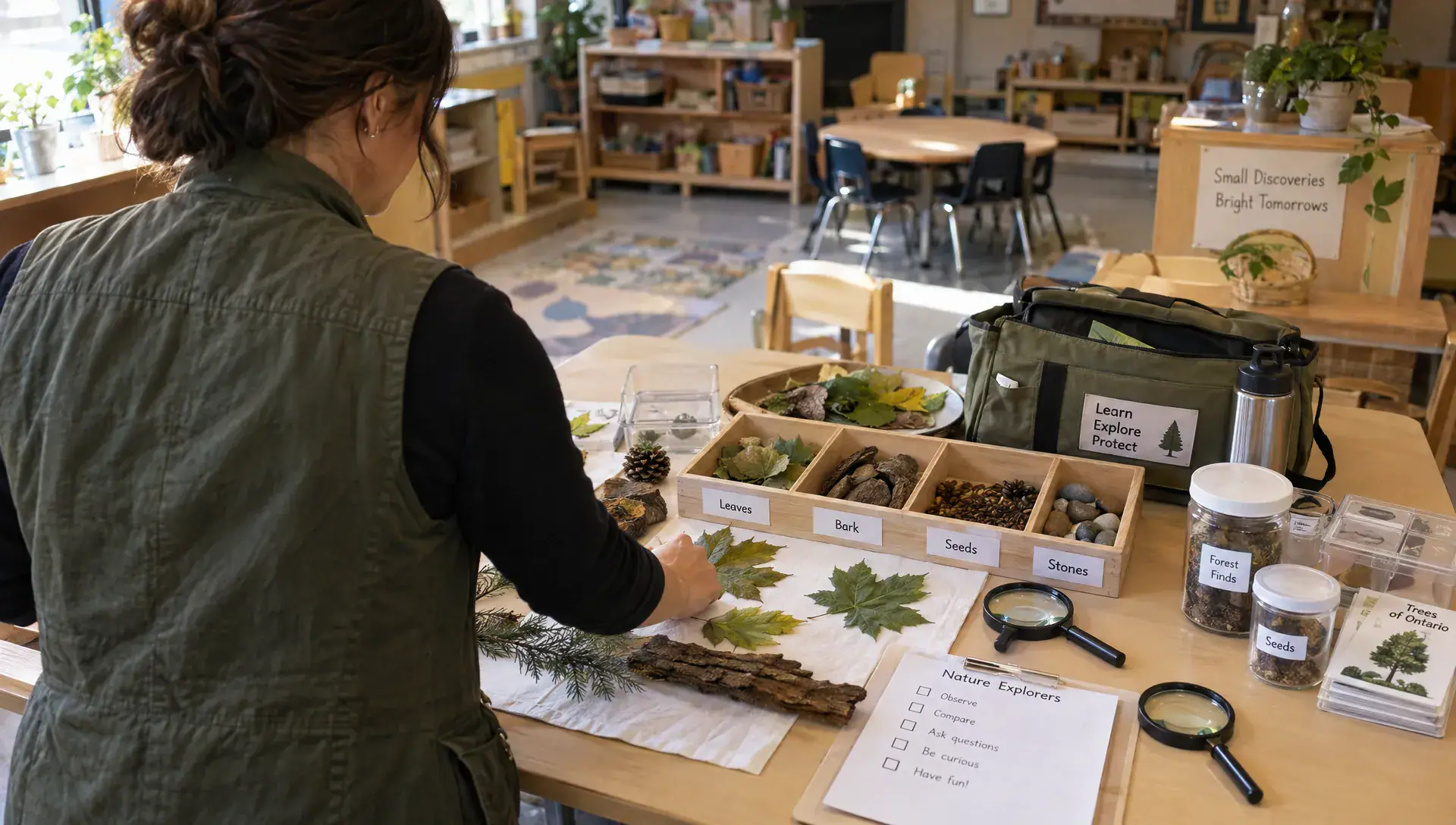A workshop provider arranges nature-study materials for a childcare session, preparing a defined service with their own teaching kit.