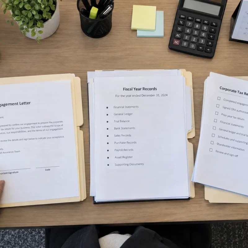 An accountant checks an engagement letter and sorts corporate tax records and authorization forms into folders.
