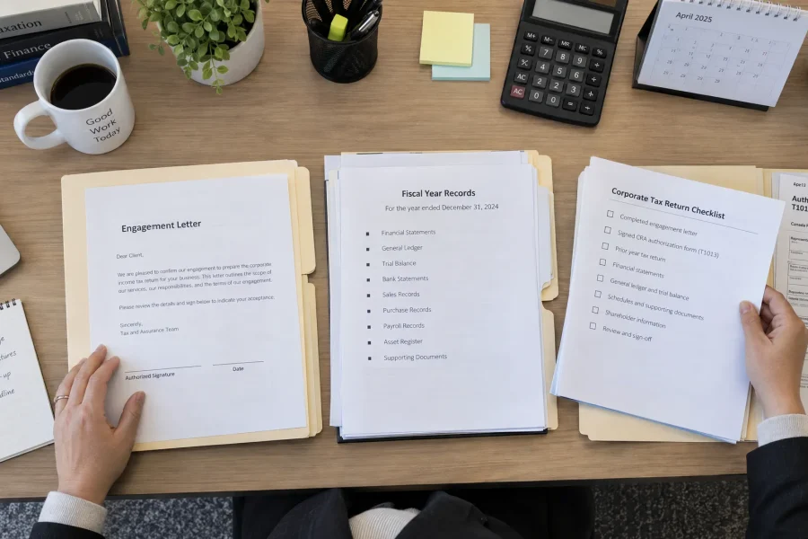 An accountant checks an engagement letter and sorts corporate tax records and authorization forms into folders.