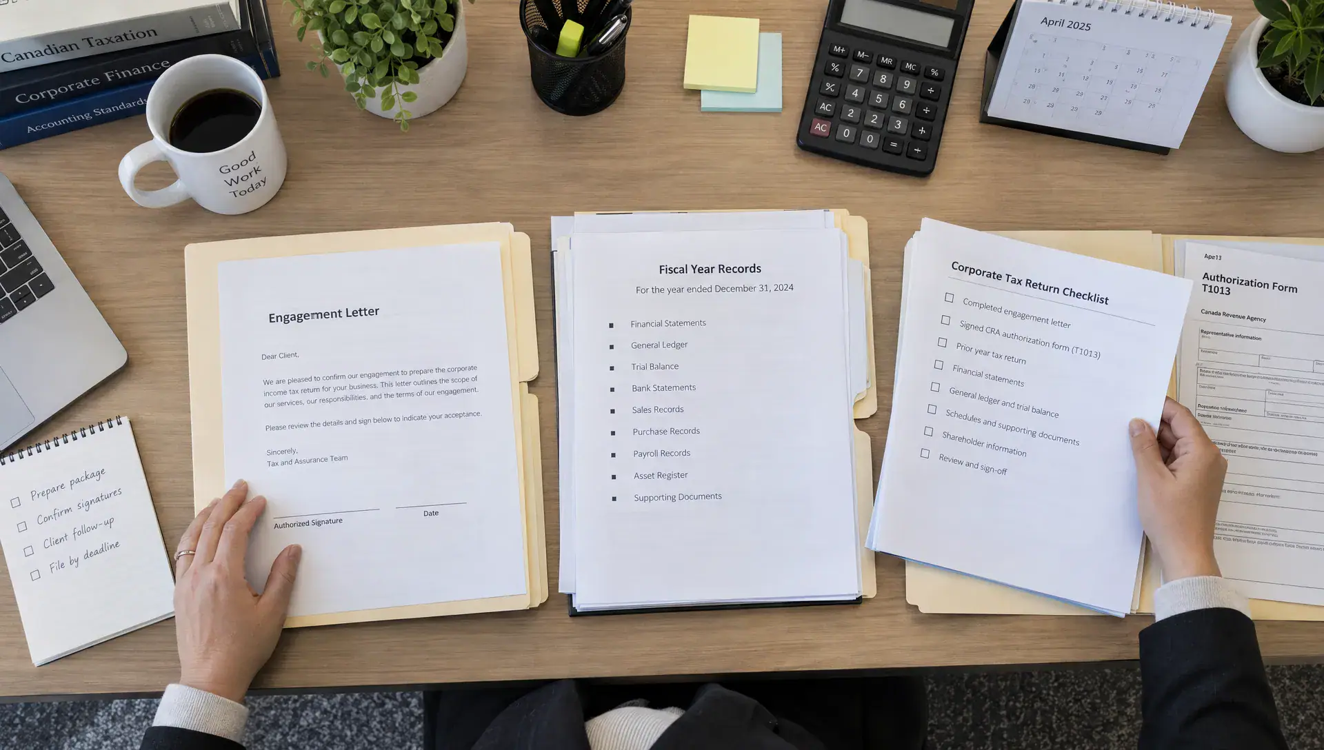 An accountant checks an engagement letter and sorts corporate tax records and authorization forms into folders.