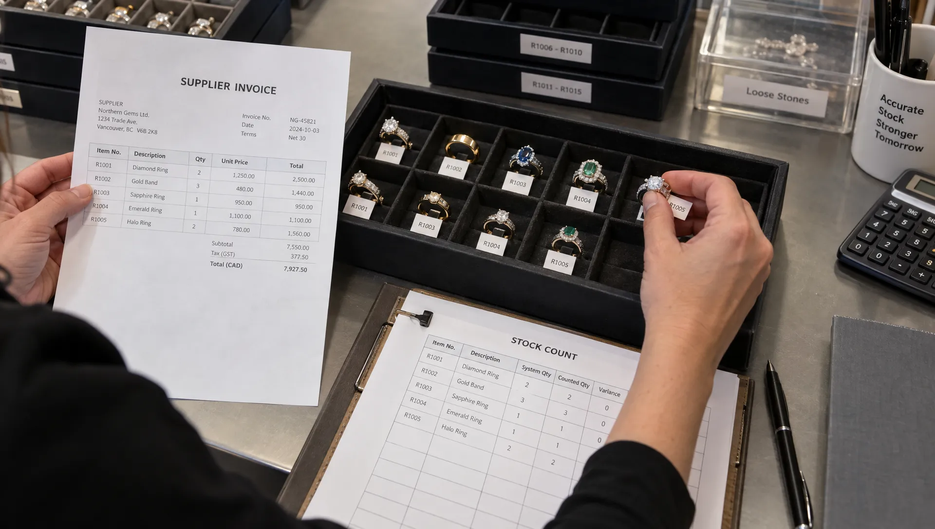 An auditor matches numbered ring trays with supplier invoices and item records during a stock audit.