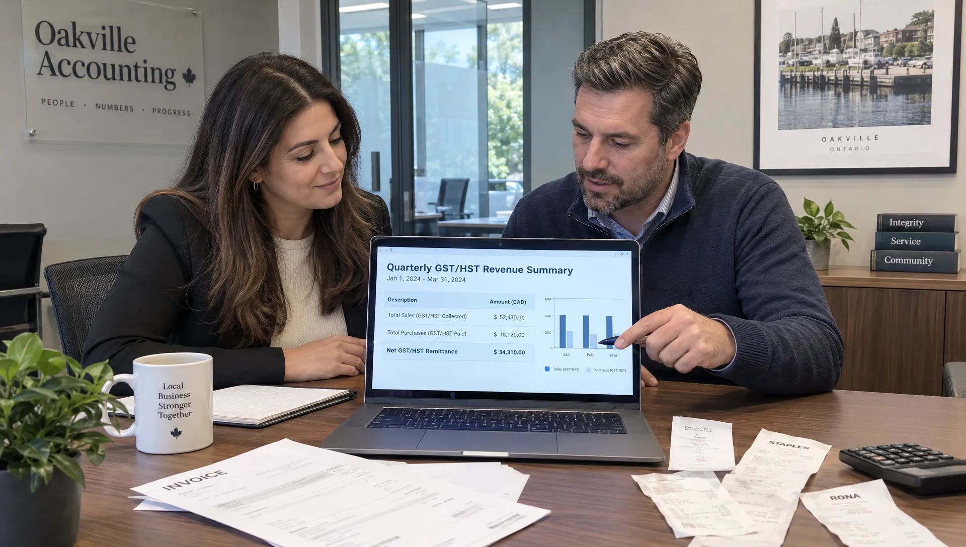 An Oakville business owner and accountant review a quarterly GST/HST summary beside invoices and supplier receipts.