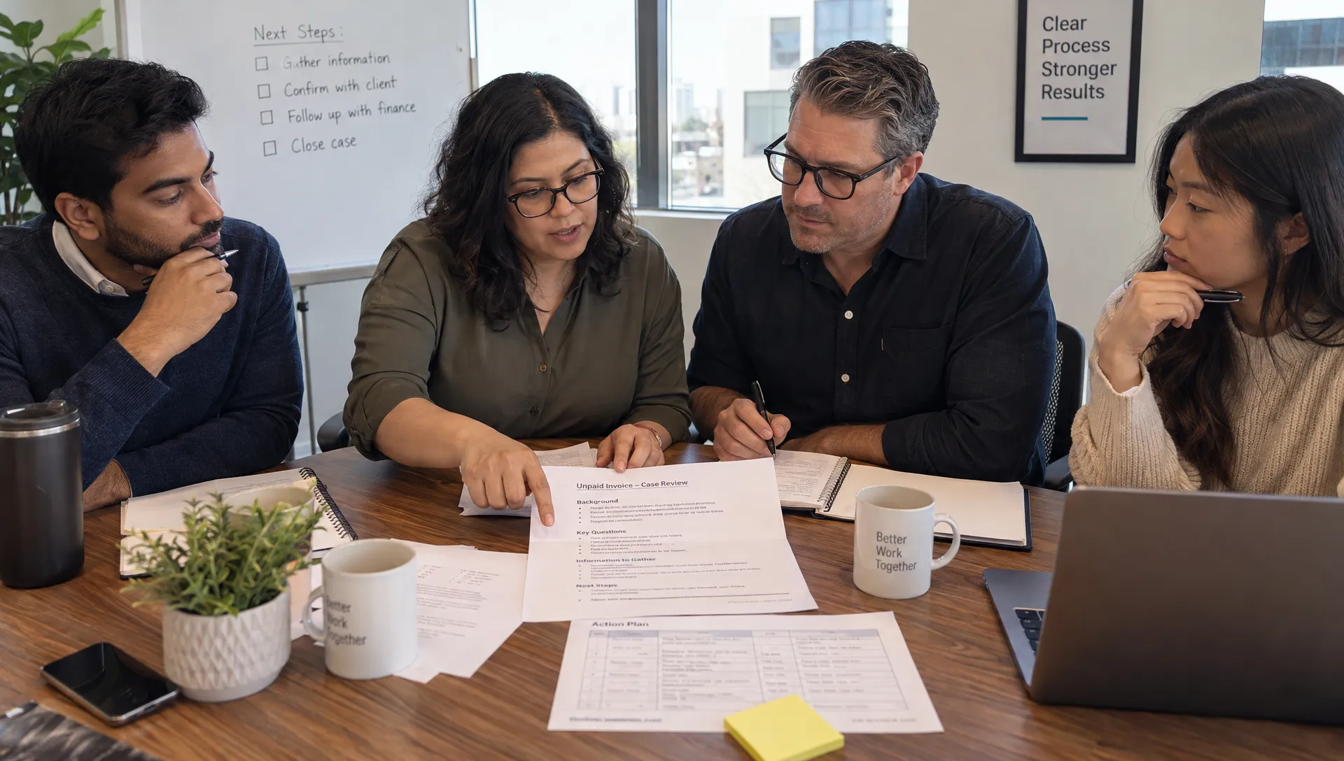 Colleagues around a meeting table examine an anonymized unpaid-invoice case, using printed notes and an action sheet to discuss what information to gather and who should follow up.