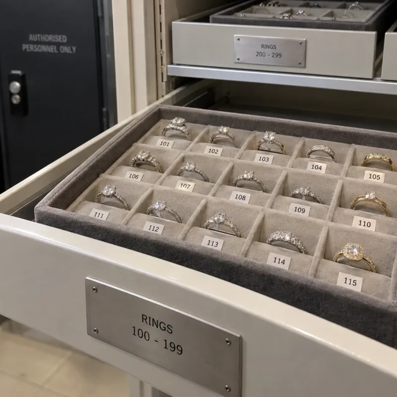 Numbered jewellery trays hold rings in a retailer’s stockroom, where item-level inventory records support an audit.