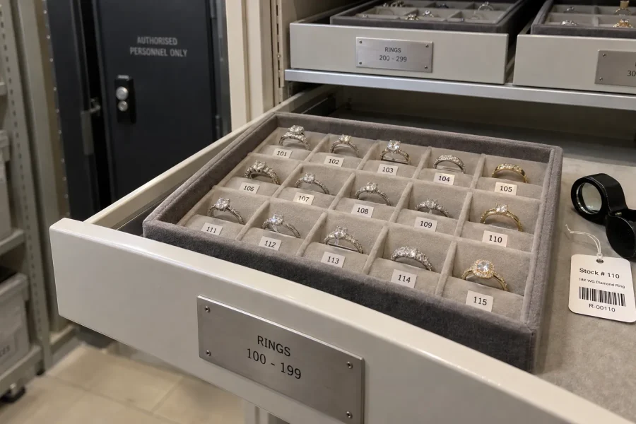 Numbered jewellery trays hold rings in a retailer’s stockroom, where item-level inventory records support an audit.