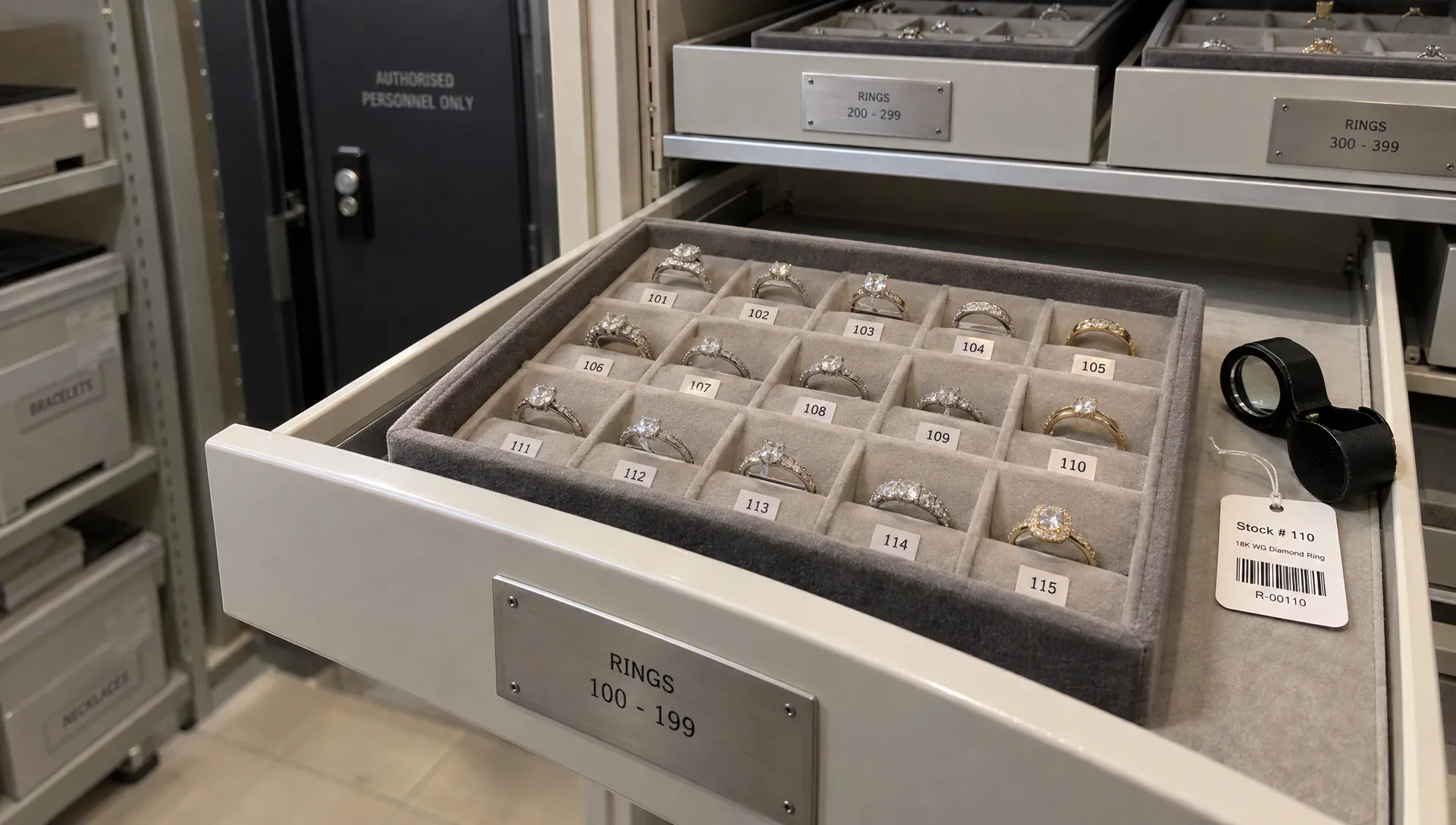Numbered jewellery trays hold rings in a retailer’s stockroom, where item-level inventory records support an audit.