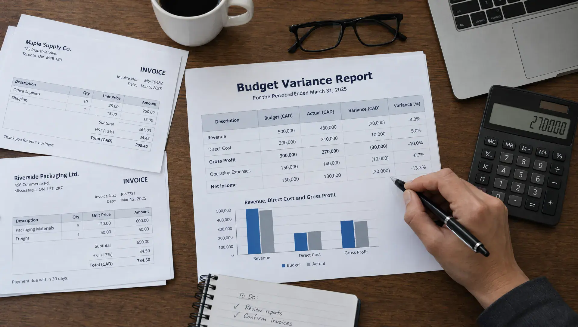Overhead view of a printed budget variance report beside supplier invoices and a calculator as an accountant's hand checks the revenue, direct cost and gross profit figures.
