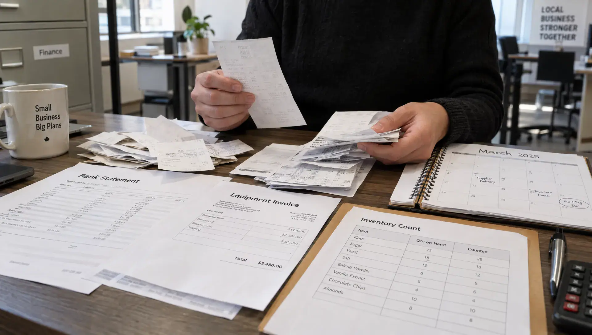 Receipts, bank statements and an inventory count sheet are sorted for professional accounting and tax services at year-end.